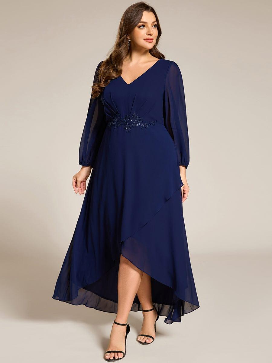 Plus Size V-Neck Long Sleeves Chiffon Formal Evening Dress with Applique #color_Navy Blue