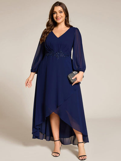 Plus Size V-Neck Long Sleeves Chiffon Formal Evening Dress with Applique #color_Navy Blue