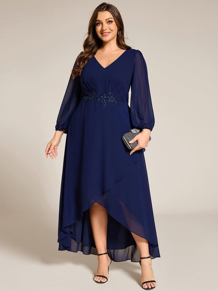 Plus Size V-Neck Long Sleeves Chiffon Formal Evening Dress with Applique #color_Navy Blue