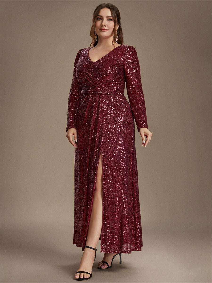 Sequins Fitted Long Sleeve Sheath Evening Dress #color_Burgundy