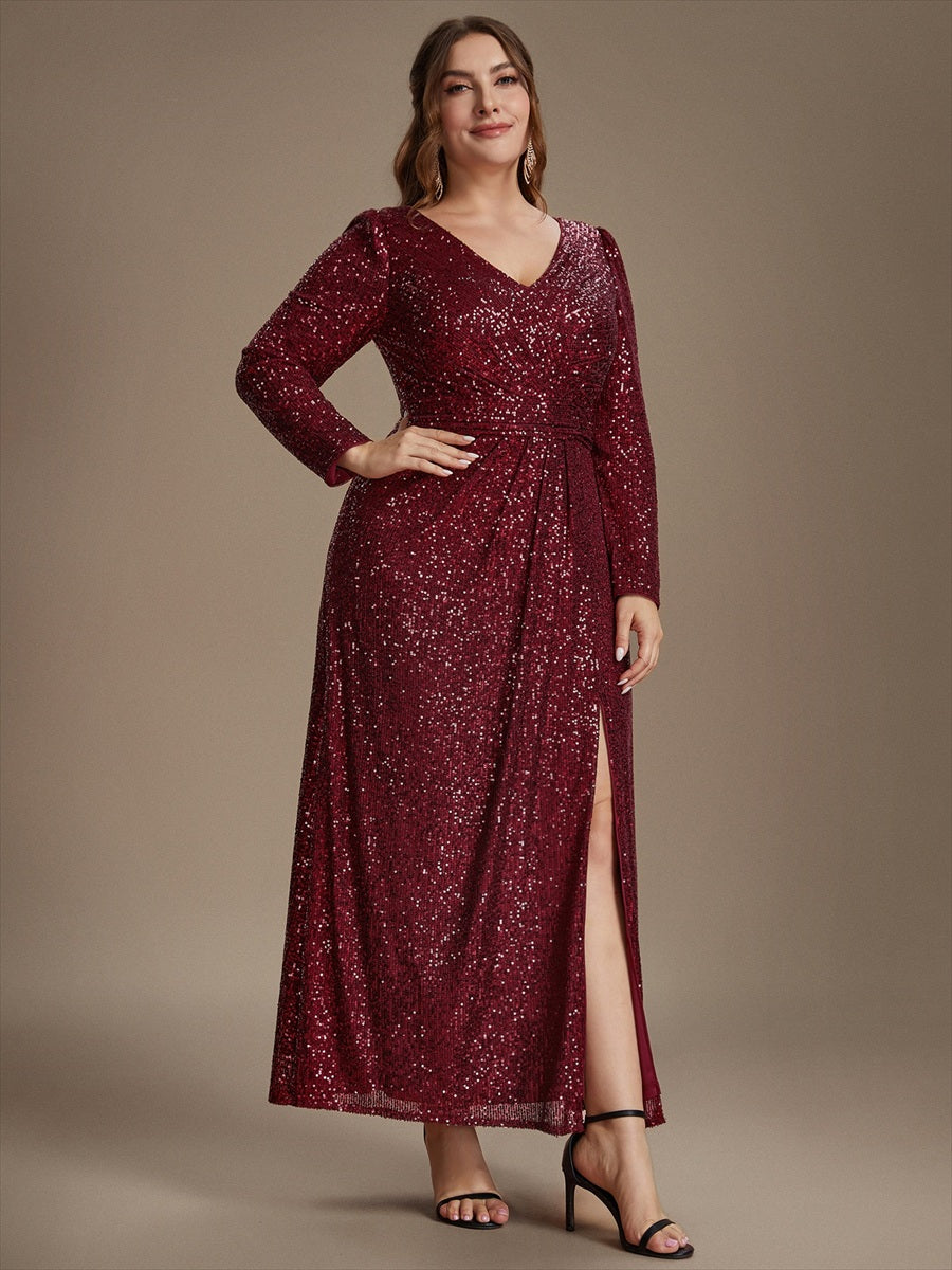 Sequins Fitted Long Sleeve Sheath Evening Dress #color_Burgundy