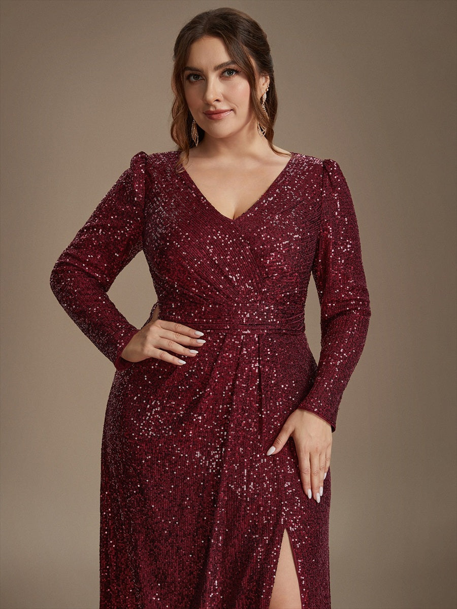 Sequins Fitted Long Sleeve Sheath Evening Dress #color_Burgundy