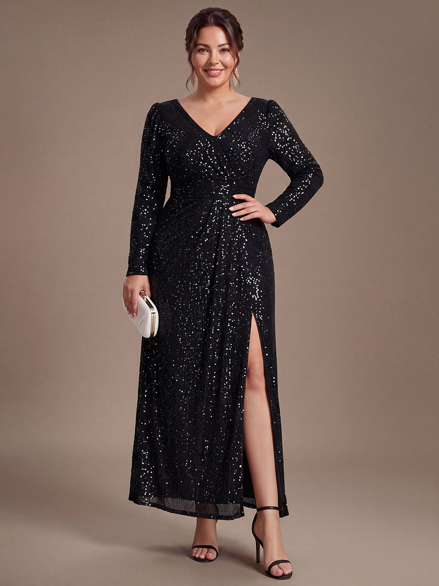 Plus Size Sequins Fitted Long Sleeve Evening Dress #color_Black