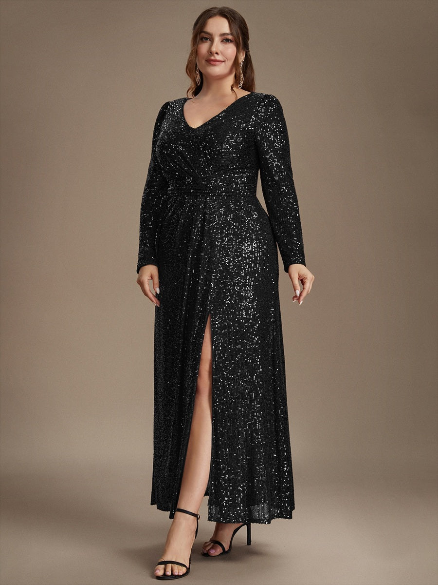 Plus Size Sequins Fitted Long Sleeve Evening Dress #color_Black