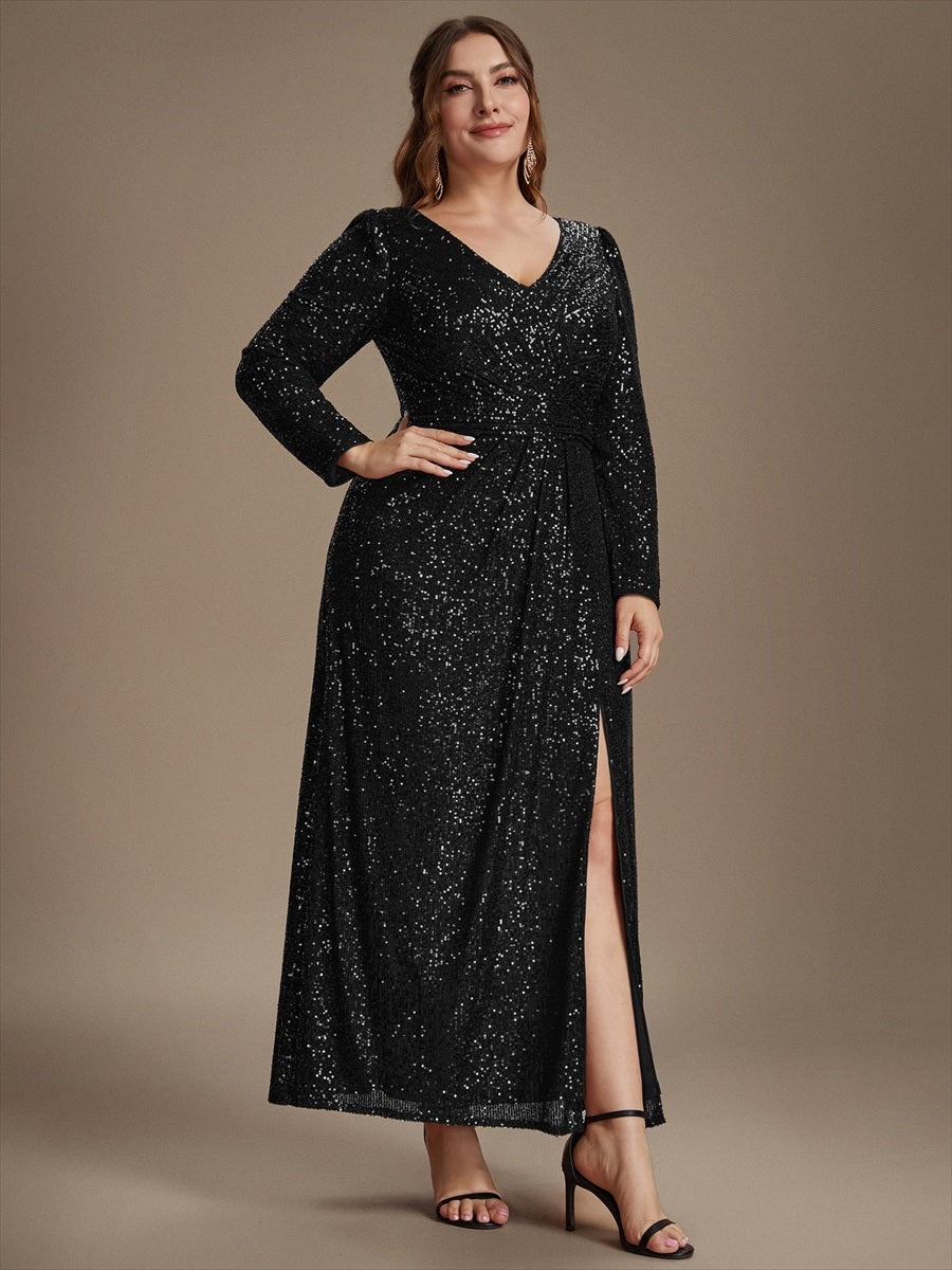 Plus Size Sequins Fitted Long Sleeve Evening Dress #color_Black