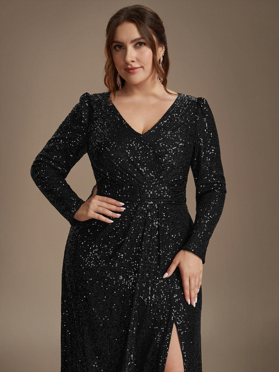 Plus Size Sequins Fitted Long Sleeve Evening Dress #color_Black