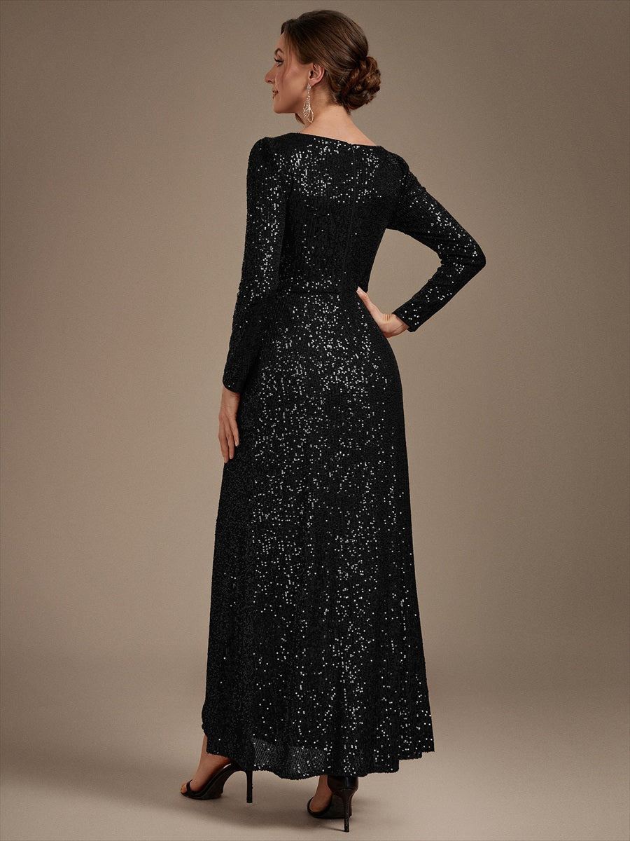 Sequins Fitted Long Sleeve Sheath Evening Dress #color_Black
