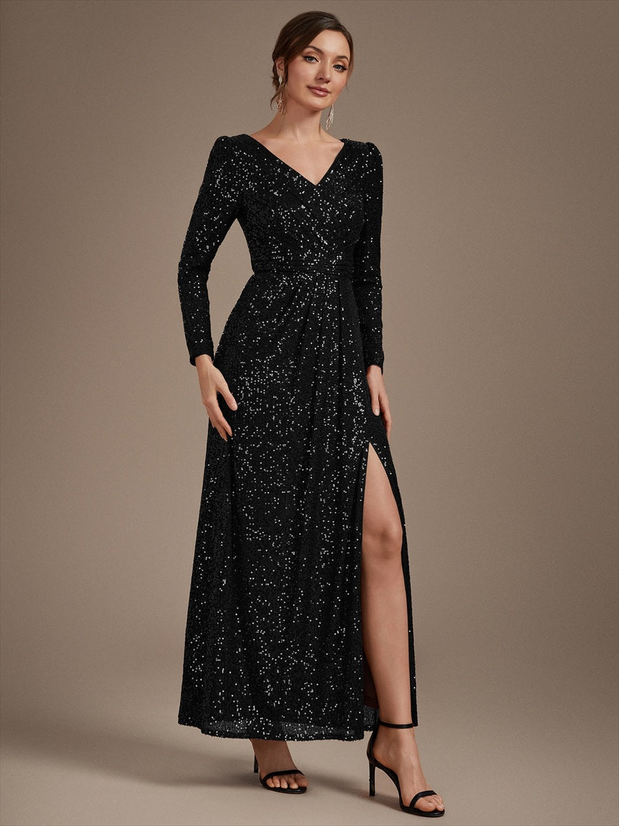 Sequins Fitted Long Sleeve Sheath Evening Dress #color_Black