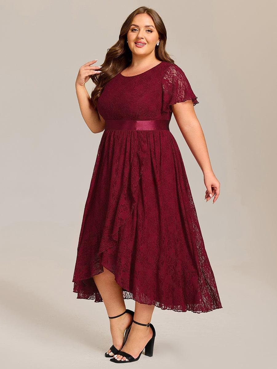 Plus Size Lace Short Sleeve Round Neckline Midi Formal Dress #color_Burgundy