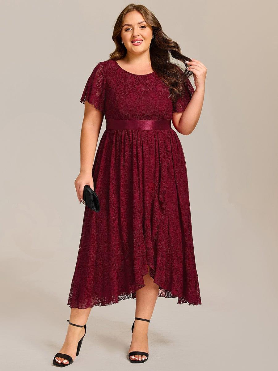 Plus Size Lace Short Sleeve Round Neckline Midi Formal Dress #color_Burgundy