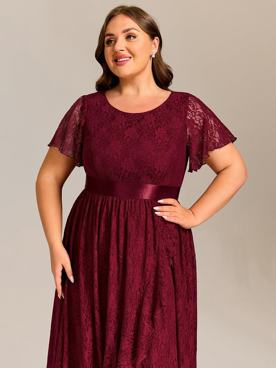 Plus Size Lace Short Sleeve Round Neckline Midi Formal Dress #color_Burgundy