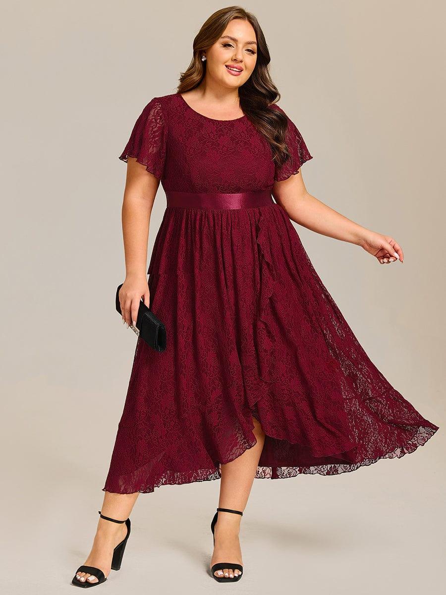 Plus Size Lace Short Sleeve Round Neckline Midi Formal Dress #color_Burgundy