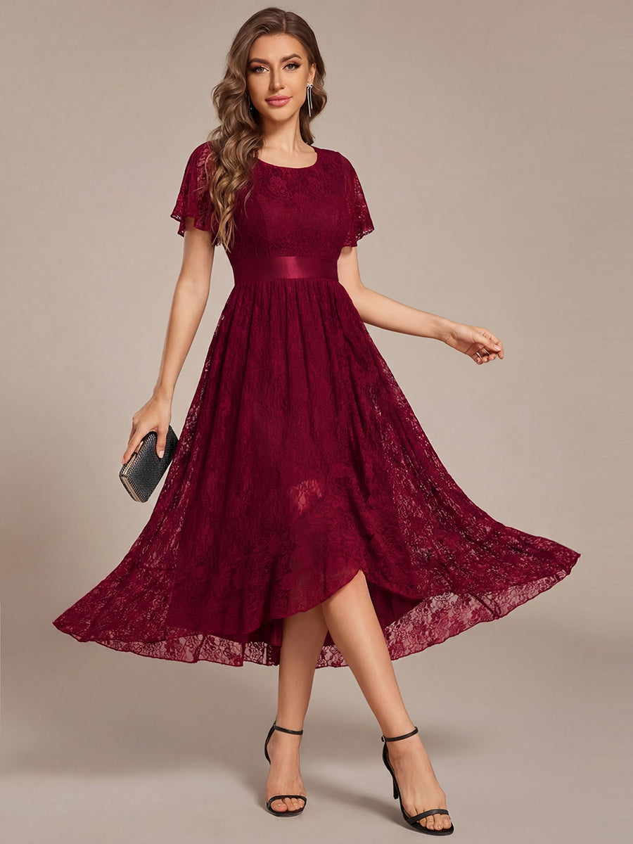 Asymmetrical Midi Lace Formal Dress with Short Sleeve