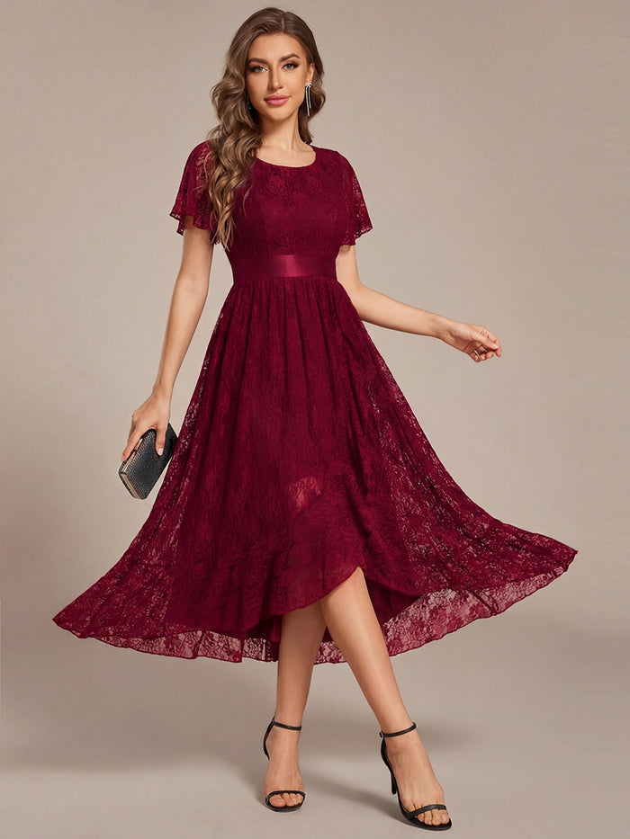 Asymmetrical Midi Lace Formal Dress with Short Sleeve