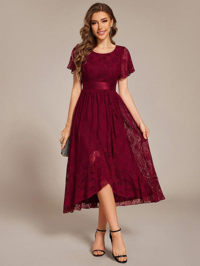 Short Sleeve Ruffled Empire Waist Lace Midi Formal Dress #color_Burgundy