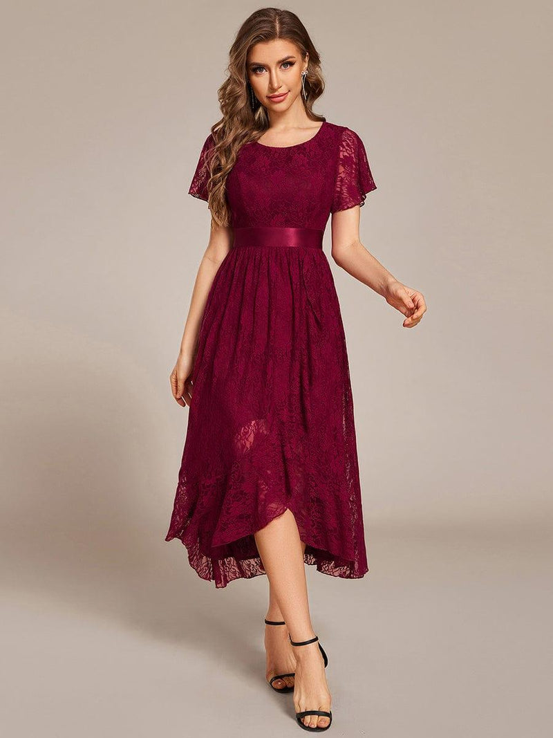 Asymmetrical Midi Lace Formal Dress with Short Sleeve