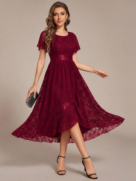 Ever-Pretty Asymmetrical Midi Lace Formal Dress with Short Sleeve