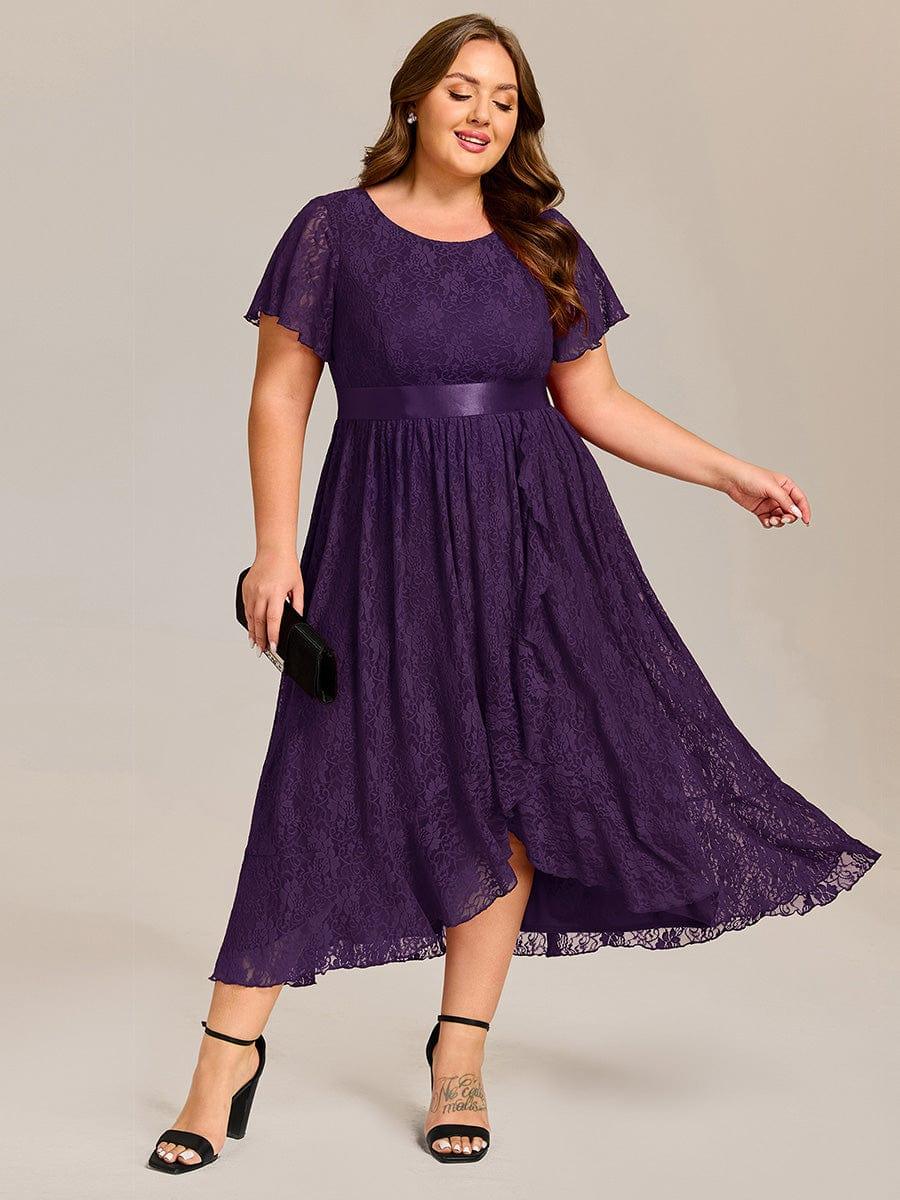 Plus Size Lace Short Sleeve Round Neckline Midi Formal Dress #color_Dark Purple