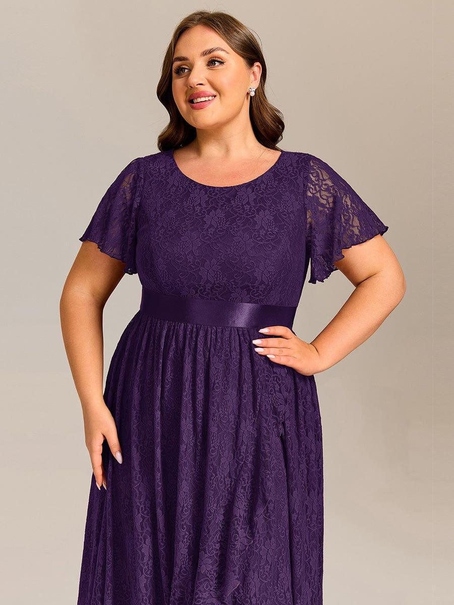 Plus Size Lace Short Sleeve Round Neckline Midi Formal Dress #color_Dark Purple