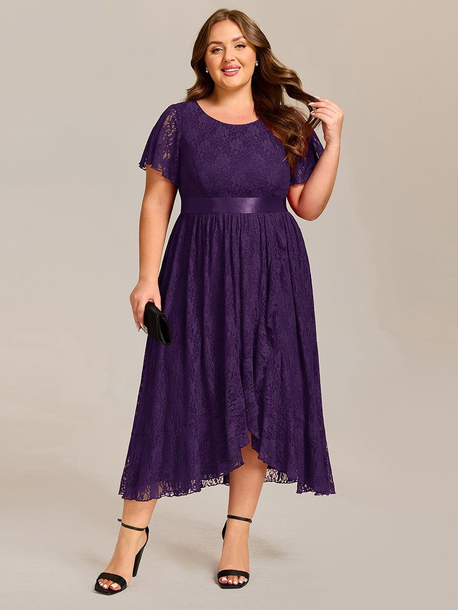 Plus Size Lace Short Sleeve Round Neckline Midi Formal Dress #color_Dark Purple