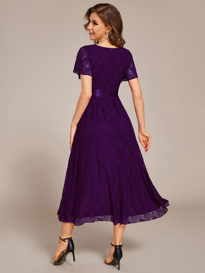 Short Sleeve Ruffled Empire Waist Lace Midi Formal Dress #color_Dark Purple