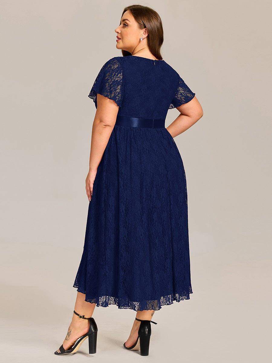 Plus Size Lace Short Sleeve Round Neckline Midi Formal Dress #color_Navy Blue