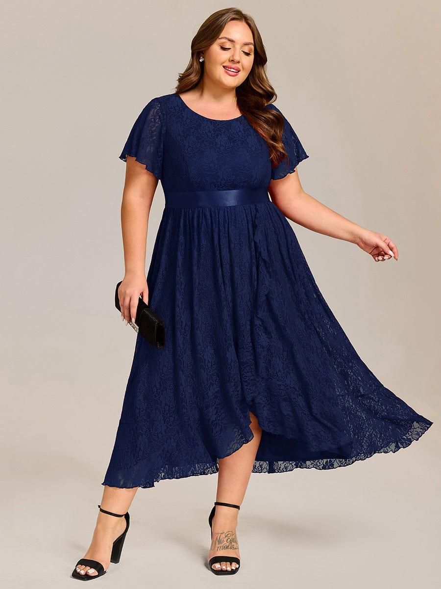Plus Size Lace Short Sleeve Round Neckline Midi Formal Dress #color_Navy Blue
