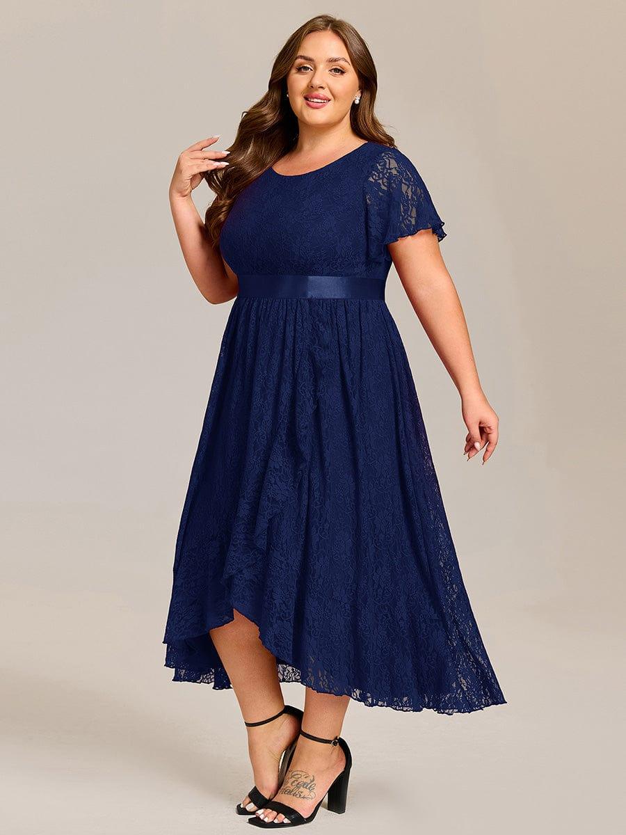 Plus Size Lace Short Sleeve Round Neckline Midi Formal Dress #color_Navy Blue