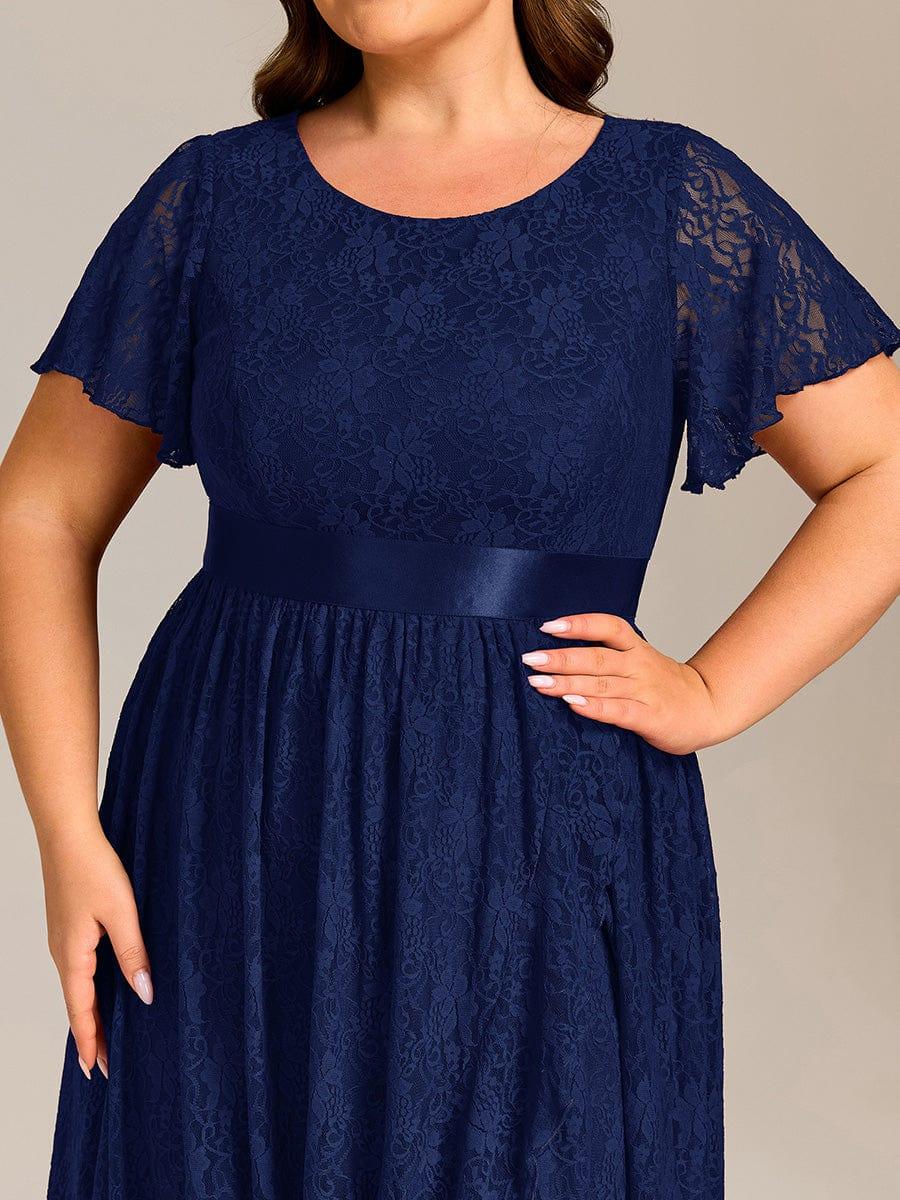 Plus Size Lace Short Sleeve Round Neckline Midi Formal Dress #color_Navy Blue
