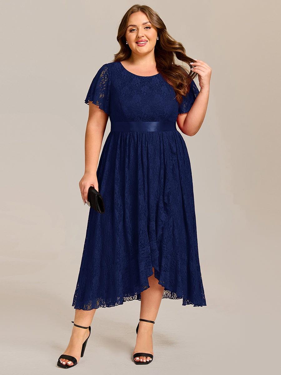 Plus Size Lace Short Sleeve Round Neckline Midi Formal Dress #color_Navy Blue