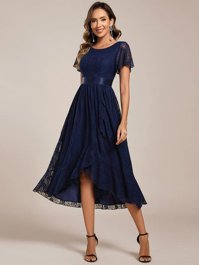 Short Sleeve Ruffled Empire Waist Lace Midi Formal Dress #color_Navy Blue
