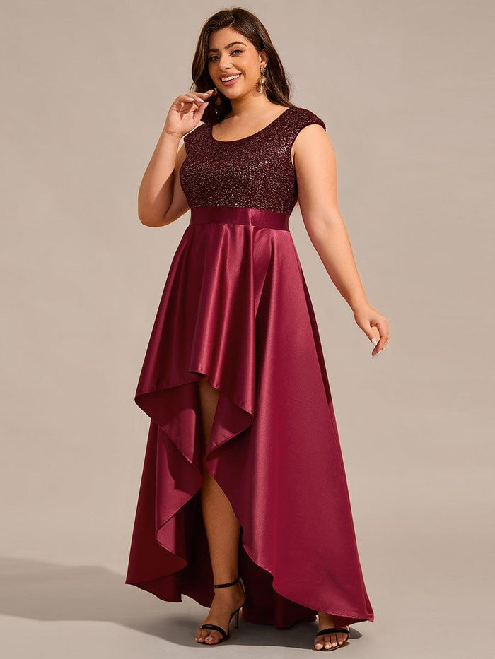 High Low Satin Birdesmaid Dress with V Neck Black Plus Size