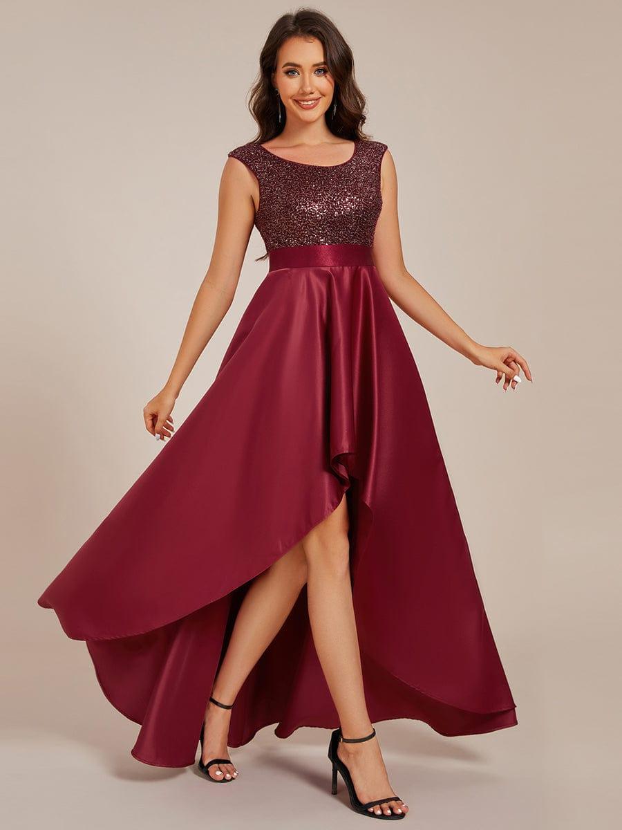 Elegant Sleeveless Sequin Top High-Low Satin Formal Evening Dress Elegant Sleeveless Sequin Top High-Low Satin Formal Evening Dress