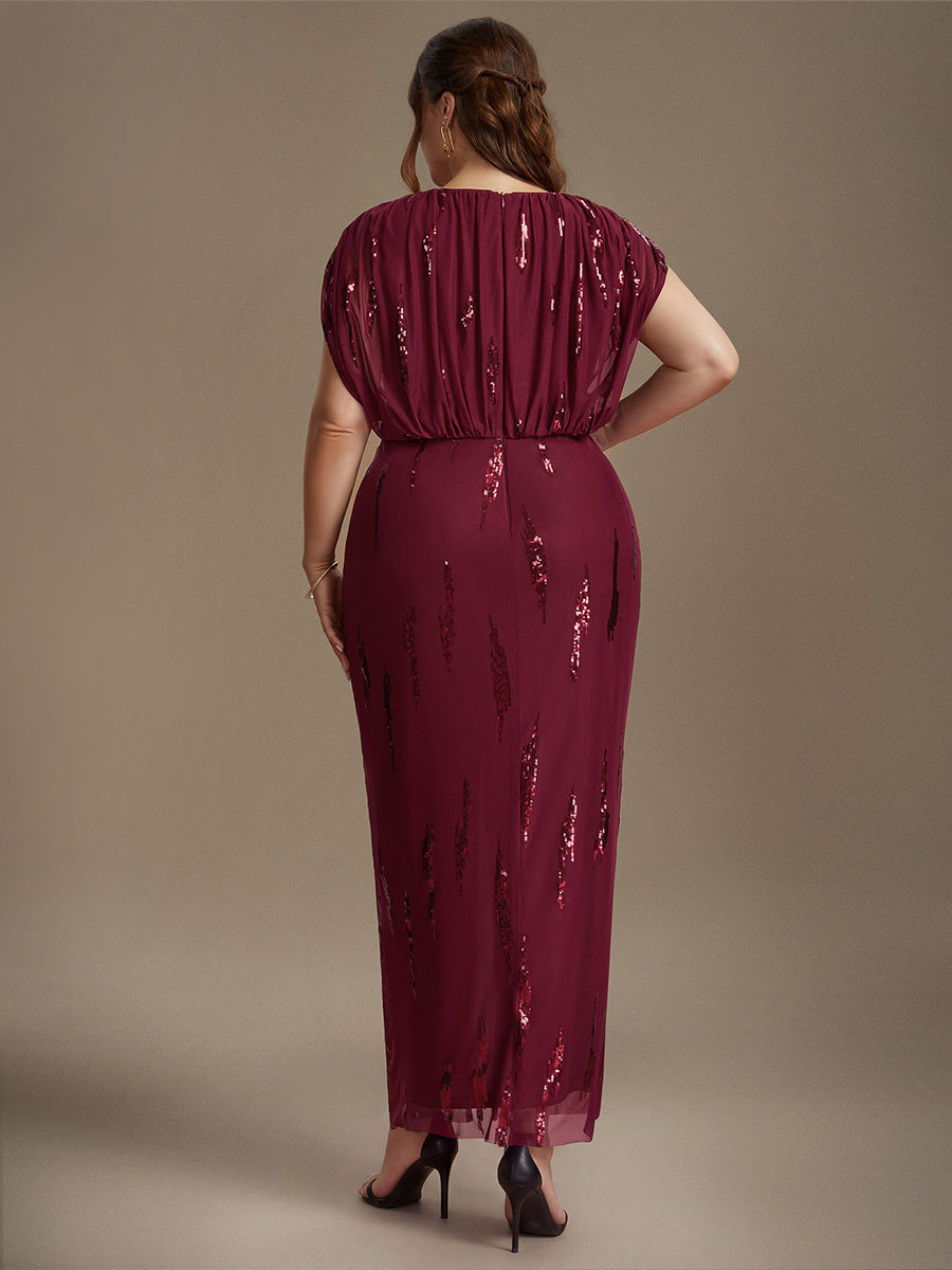 Plus Size Slit Tulle Batwing Evening Dress #color_Burgundy