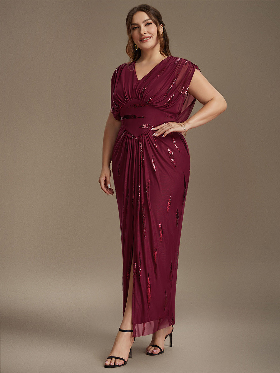 Plus Size Slit Tulle Batwing Evening Dress #color_Burgundy