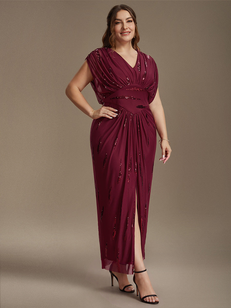 Plus Size Slit Tulle Batwing Evening Dress #color_Burgundy
