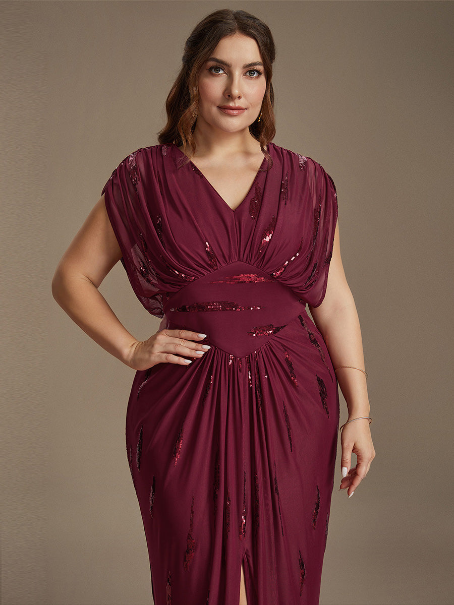 Sequin Tulle Batwing Sleeve Evening Dress #color_Burgundy