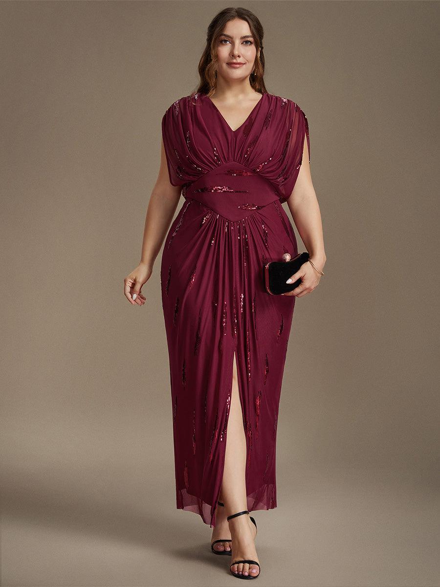 Sequin Tulle Batwing Sleeve Evening Dress #color_Burgundy