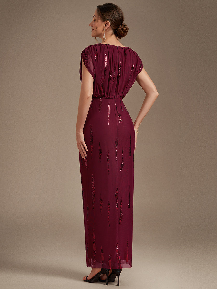Sequin Tulle Batwing Sleeve Evening Dress #color_Burgundy