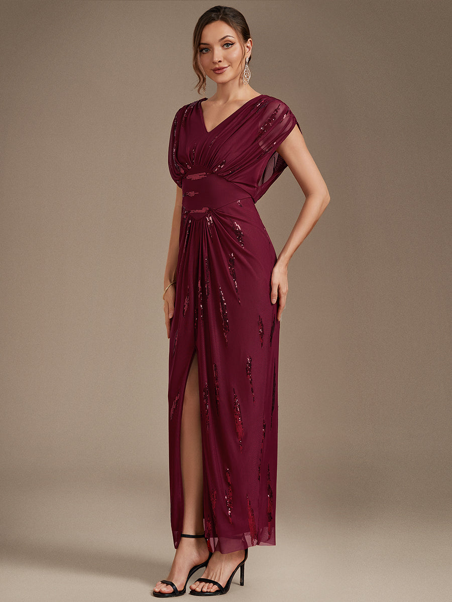 Sequin Tulle Batwing Sleeve Evening Dress #color_Burgundy