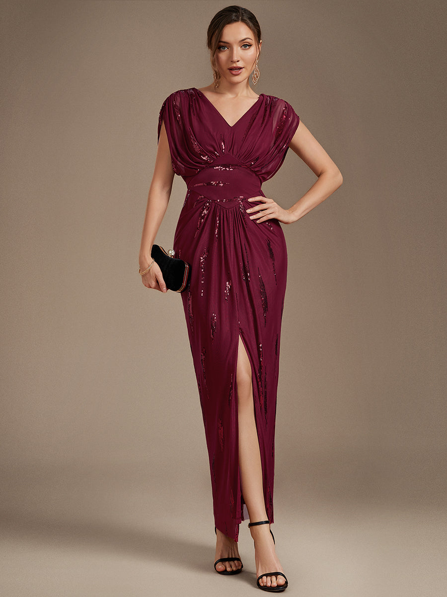 Sequin Tulle Batwing Sleeve Evening Dress #color_Burgundy