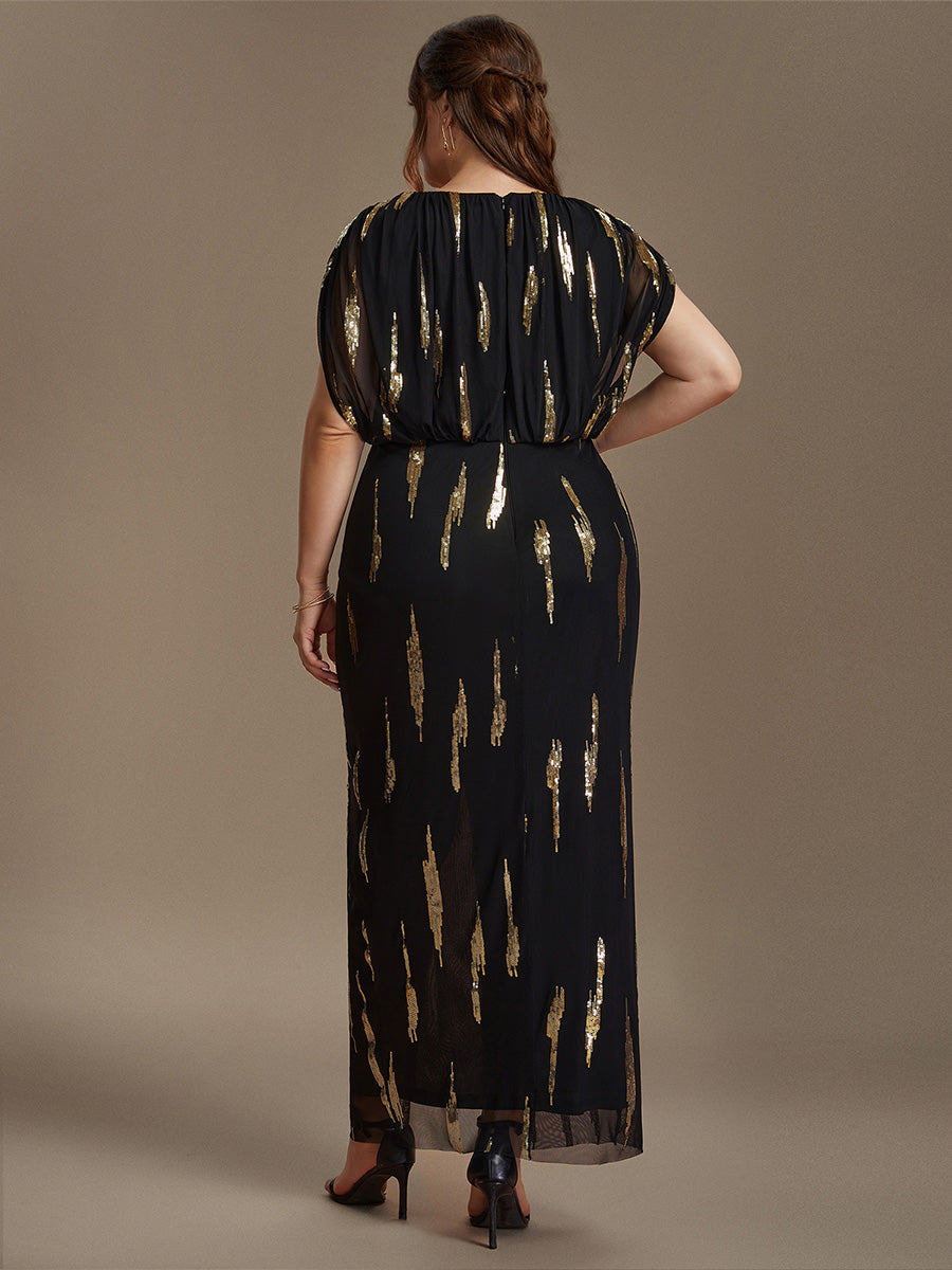 Sequin Tulle Batwing Sleeve Evening Dress #color_Black & Gold
