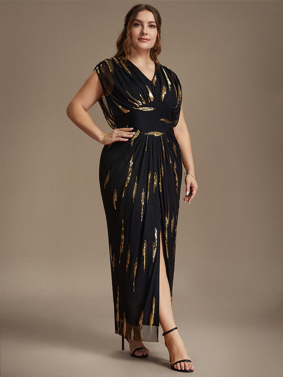 Plus Size Slit Tulle Batwing Evening Dress #color_Black & Gold