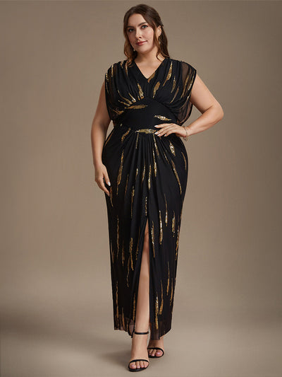 Plus Size Slit Tulle Batwing Evening Dress