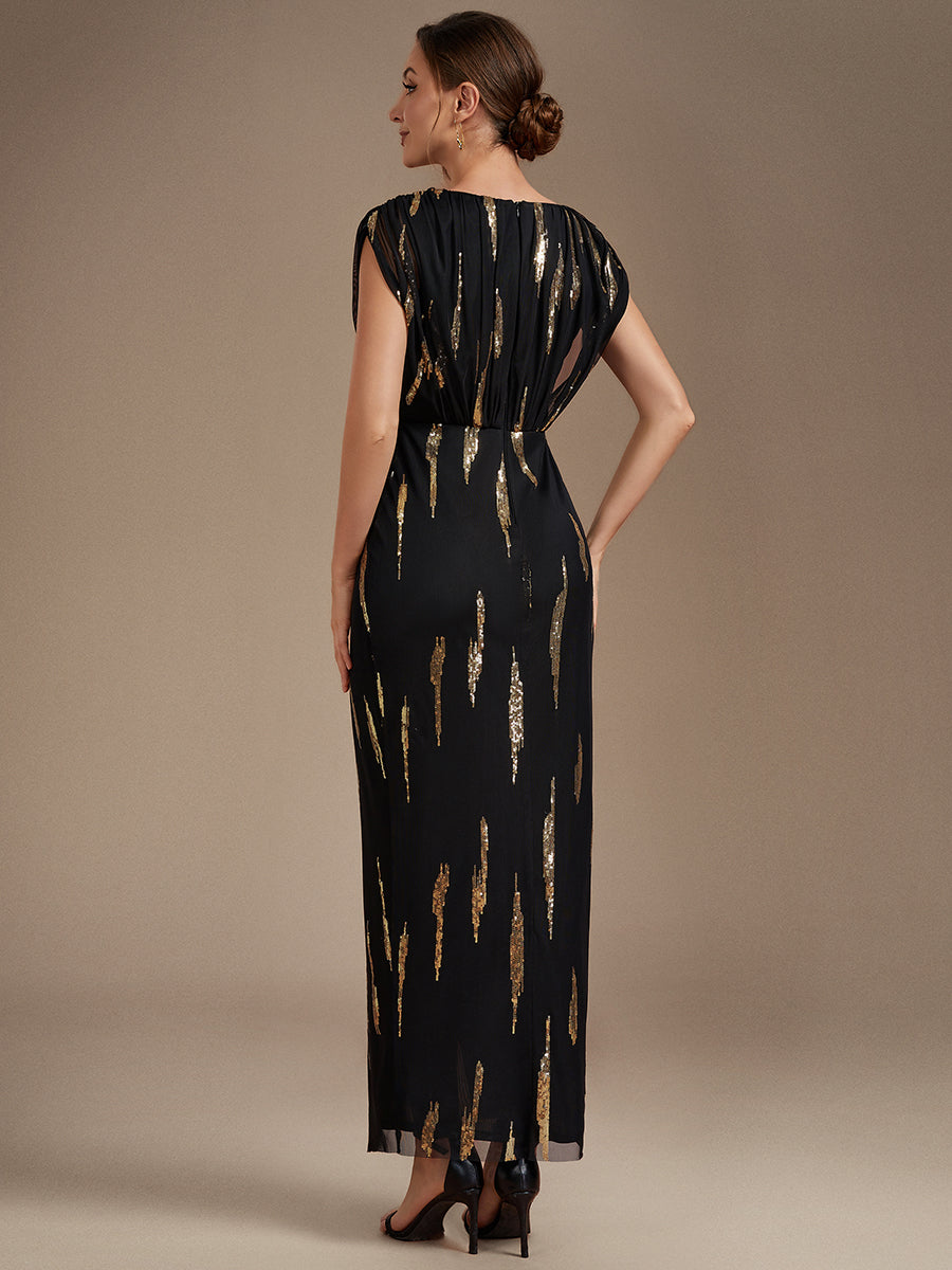 Sequin Tulle Batwing Sleeve Evening Dress #color_Black & Gold
