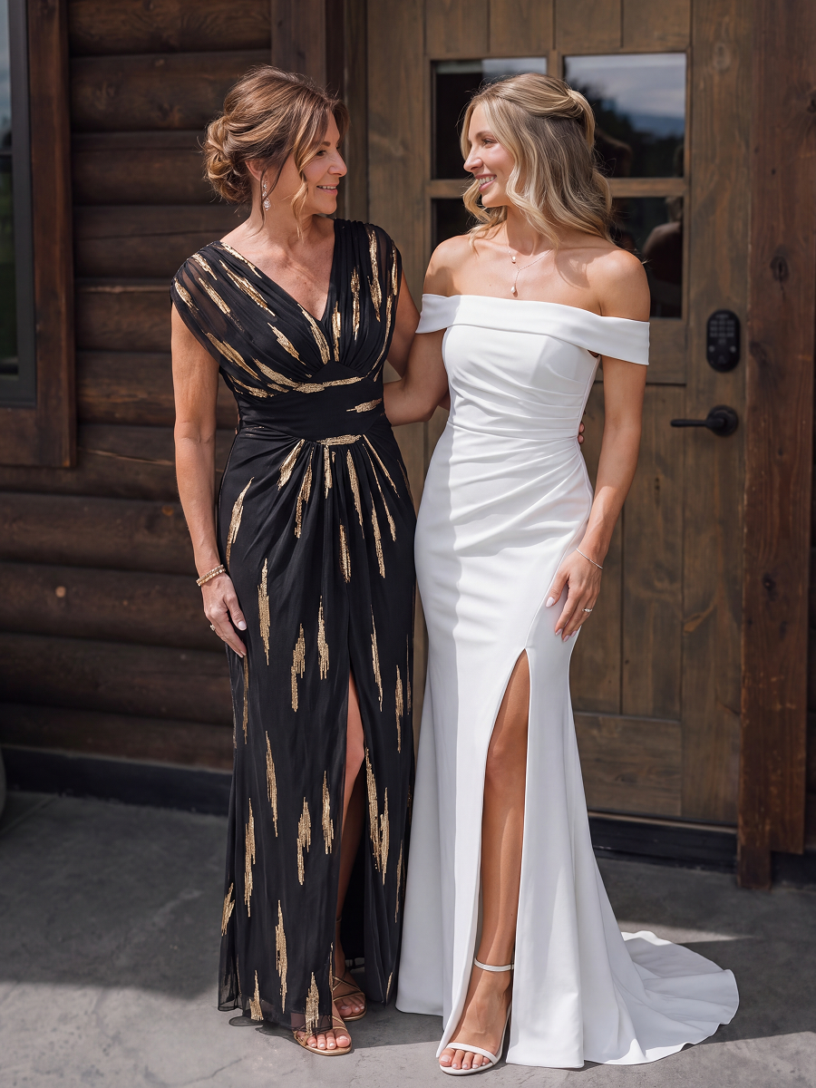 Sequin Tulle Batwing Sleeve Evening Dress #color_Black&Metallic Gold