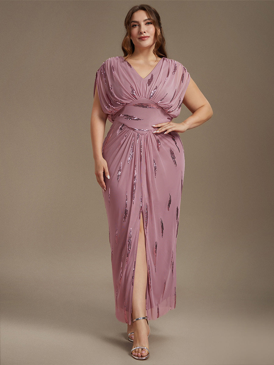 Sequin Tulle Batwing Sleeve Evening Dress #color_Purple Orchid