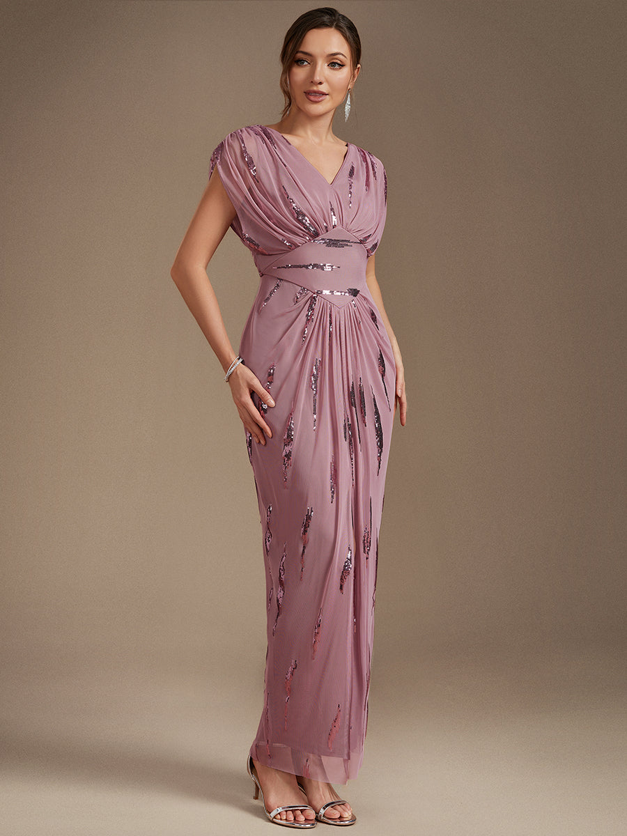 Sequin Tulle Batwing Sleeve Evening Dress #color_Purple Orchid