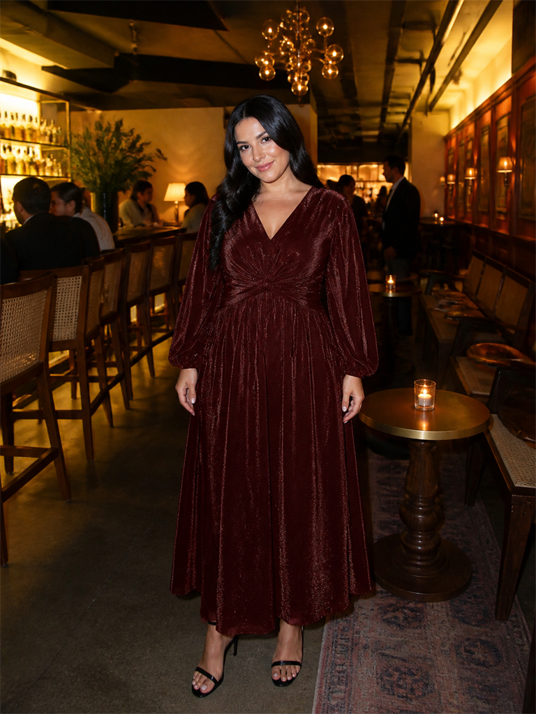 Plus Size Lurex Mesh Puff Sleeve Evening Dress #color_Burgundy