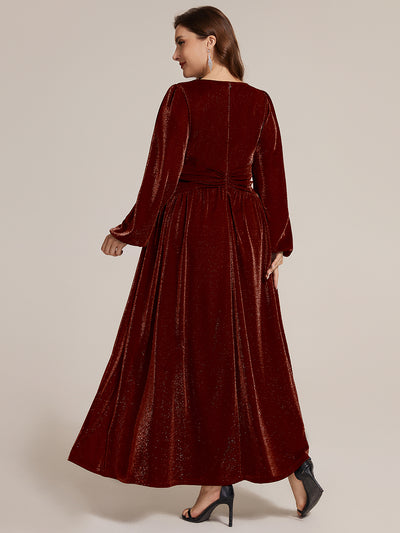Plus Size Lurex Mesh Puff Sleeve Evening Dress #color_Burgundy